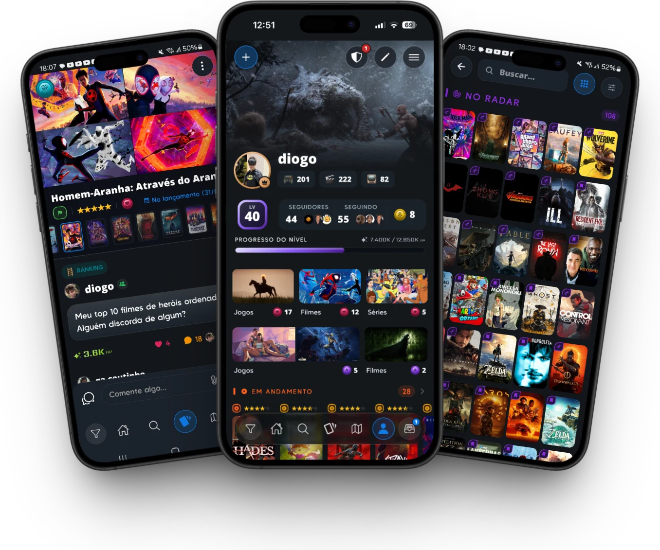 Três telas do Unwind lado a lado: a página de um filme com os posts da comunidade embaixo, o perfil com nível, seguidores e a coleção de jogos, filmes e séries, e o catálogo No radar cheio de capas.