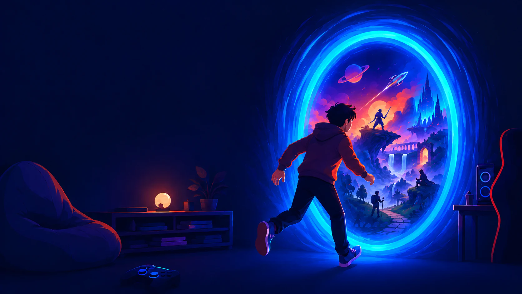 Pessoa atravessando um portal para diferentes universos do entretenimento